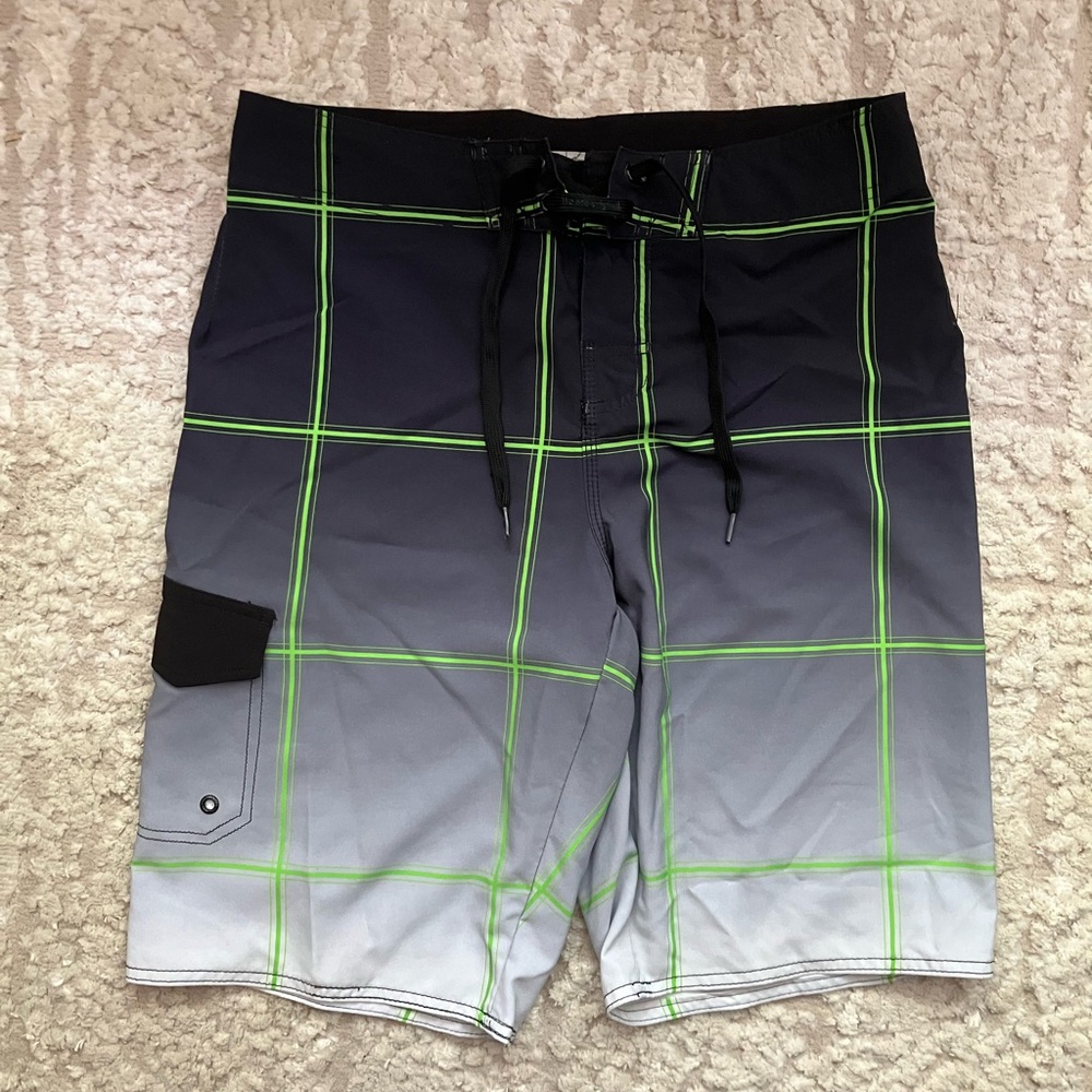 Hang Ten Men Swimwear 30 Gray Ombre Checker Neon Pockets